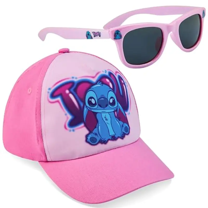 Disney Occhiali da Sole Bambina 100% UV e Regolabile Cappello Con Visiera (Rosa Stitch)