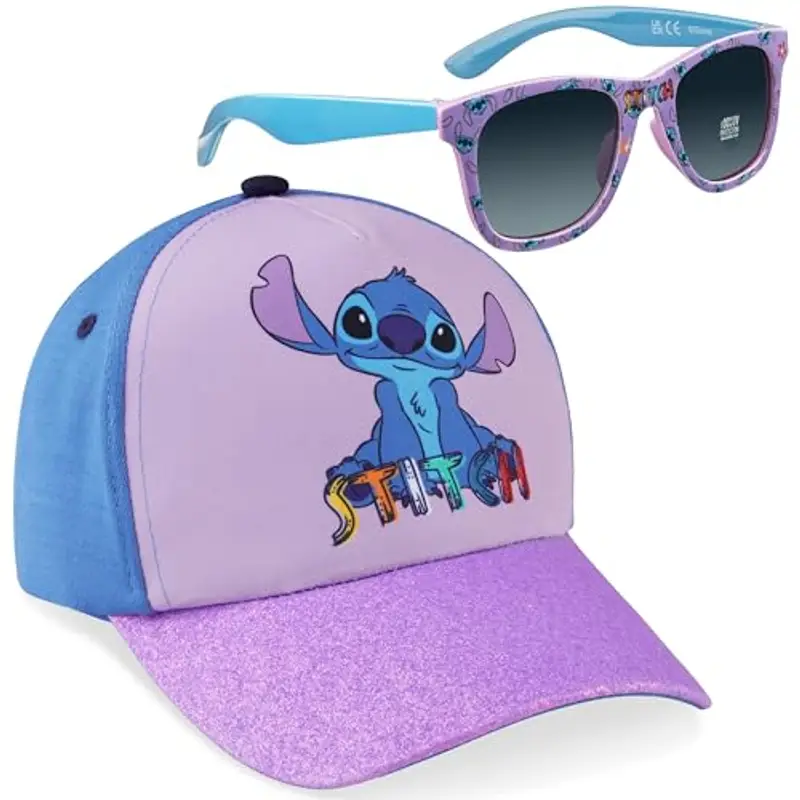 Disney Occhiali da Sole Bambina 100% UV e Regolabile Cappello Con Visiera (Viola Stitch)
