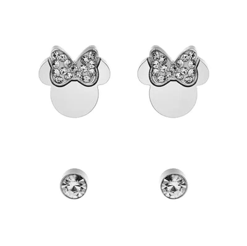 Disney Orecchini Minni Mouse, Collezione Acciaio Inossidabile, Colore Argento, UNICO, Pietre di zirconia cubica, Regalo