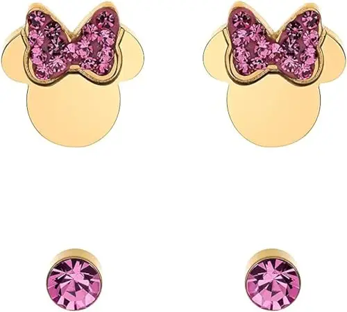 Disney Orecchini Minni Mouse, Collezione Acciaio Inossidabile, Colore Argento, UNICO, Pietre di zirconia cubica, Regalo