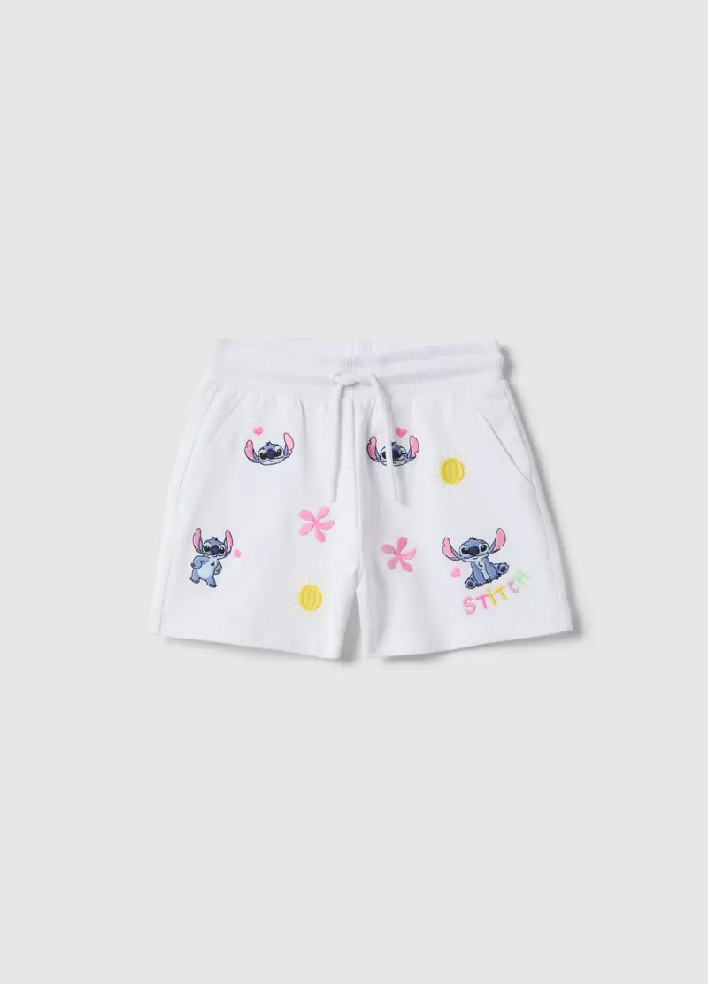 Pantaloncini In Puro Cotone Bianco Da Bambina Regular Fit Con Stitch, Bianco