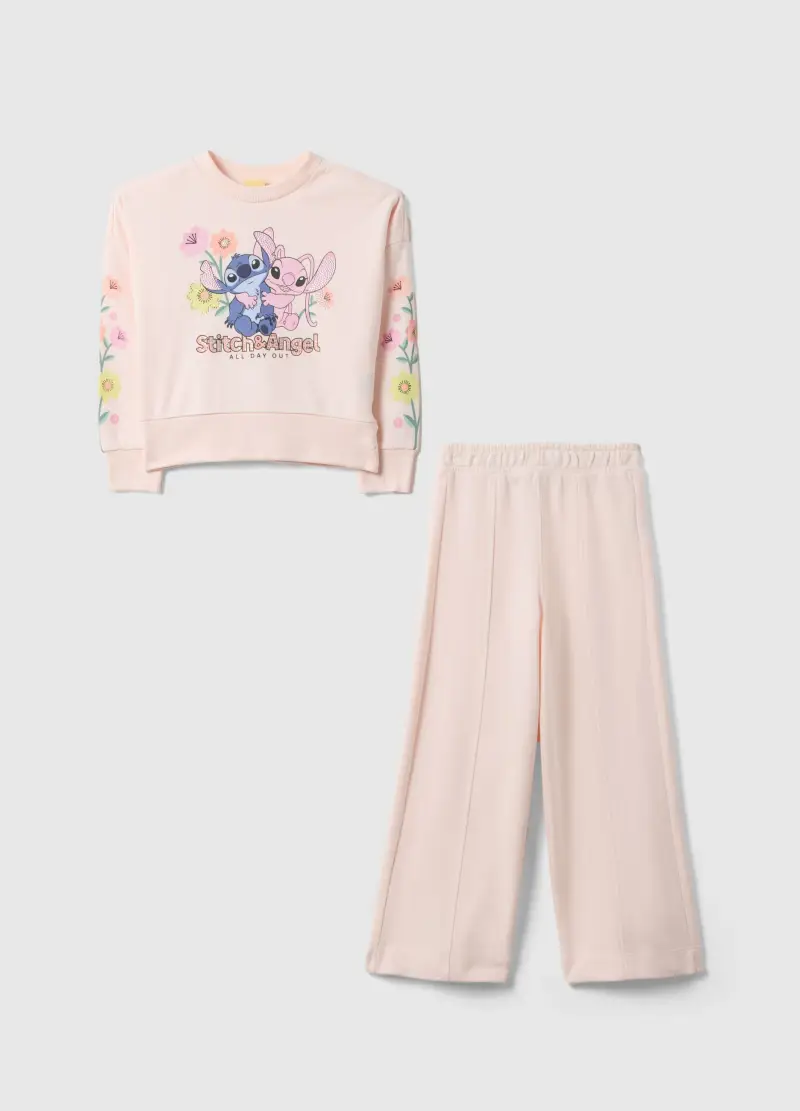 Set Felpa Pantalone In Misto Cotone Rosa Da Bambina Con Stitch&angel, Rosa