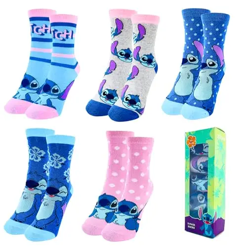 Disney Stitch Calzini per Ragazze, Set di 5 Calzini Classici per Ragazze con Design Stitch, Taglie EU 27 a 38