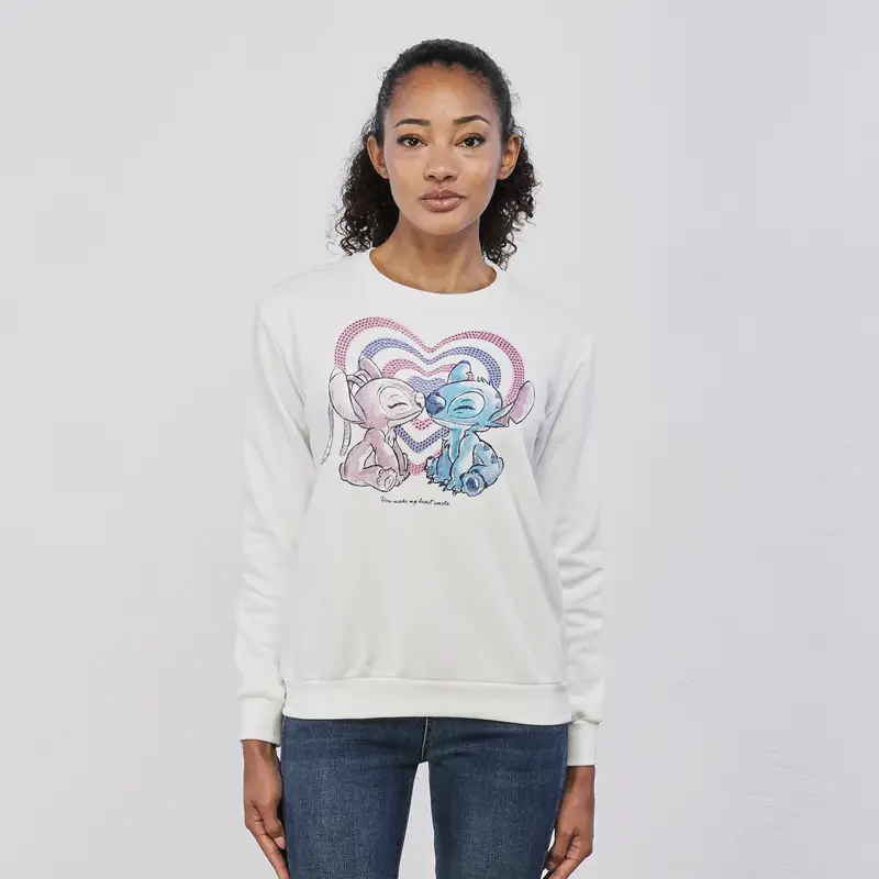 Felpa bianca da donna con stampa cartoon Stitch