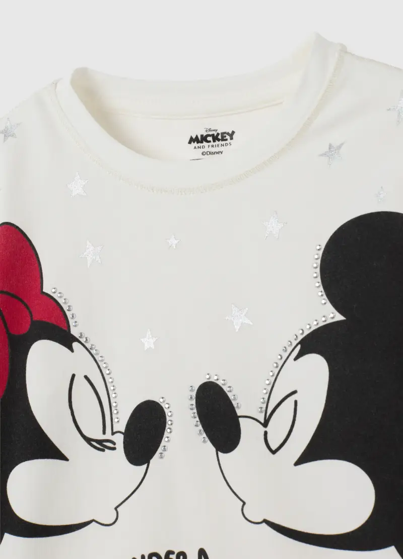 T-shirt Da Bambina In Cotone Elasticizzato Con Stampa Minnie E Topolino, Bianco miniatura 3