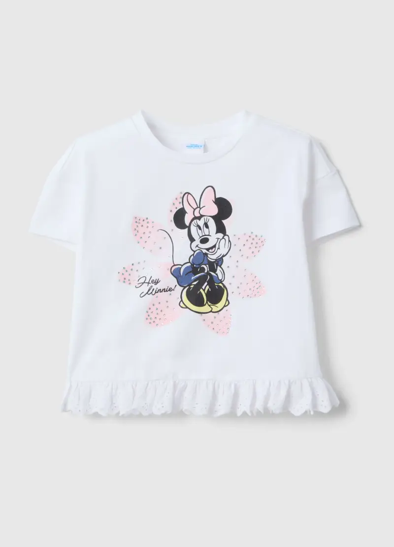 T-shirt In Cotone Elasticizzato Bianca Da Bambina Con Minnie, Bianco