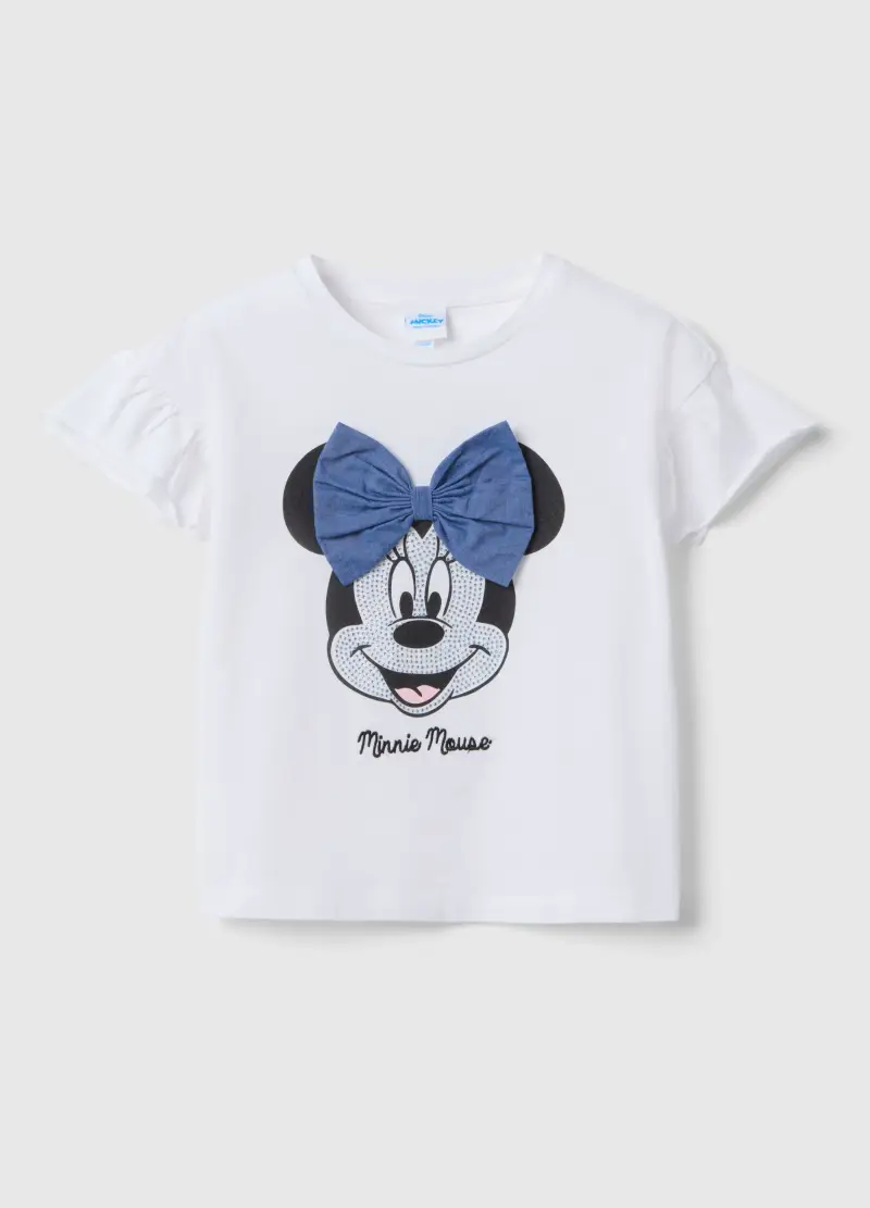 T-shirt In Cotone Elasticizzato Bianco Con Stampa Minnie Per Bambina, Bianco