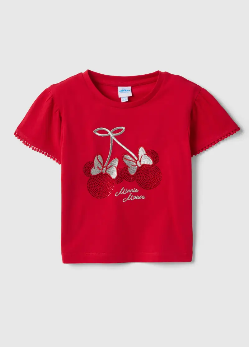 T-shirt In Cotone Elasticizzato Rossa Da Bambino Con Decoro Minnie Mouse, Bambina, Rosso