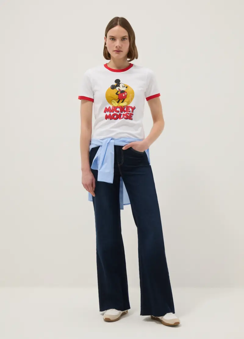T-shirt In Puro Cotone Bianco Regular Fit Con Stampa Topolino, Donna, Bianco