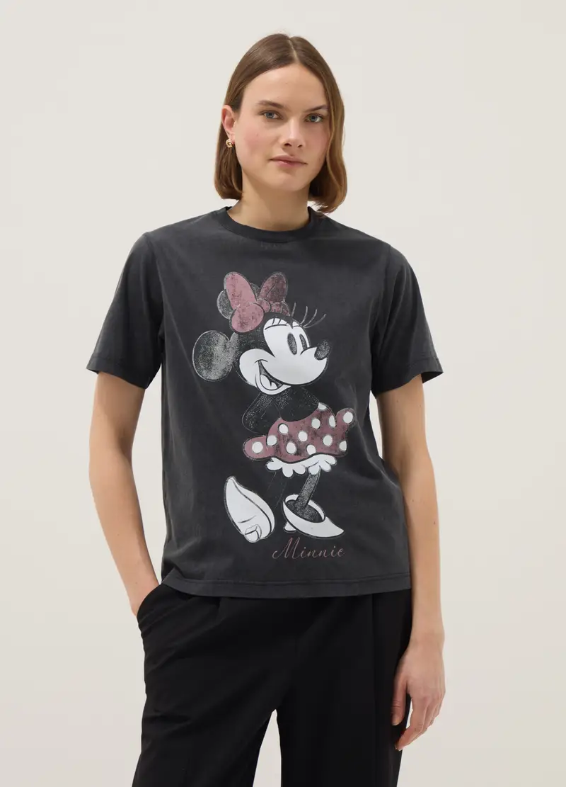 T-shirt In Puro Cotone Grigio Regular Fit Con Stampa Minnie, Donna, Grigio
