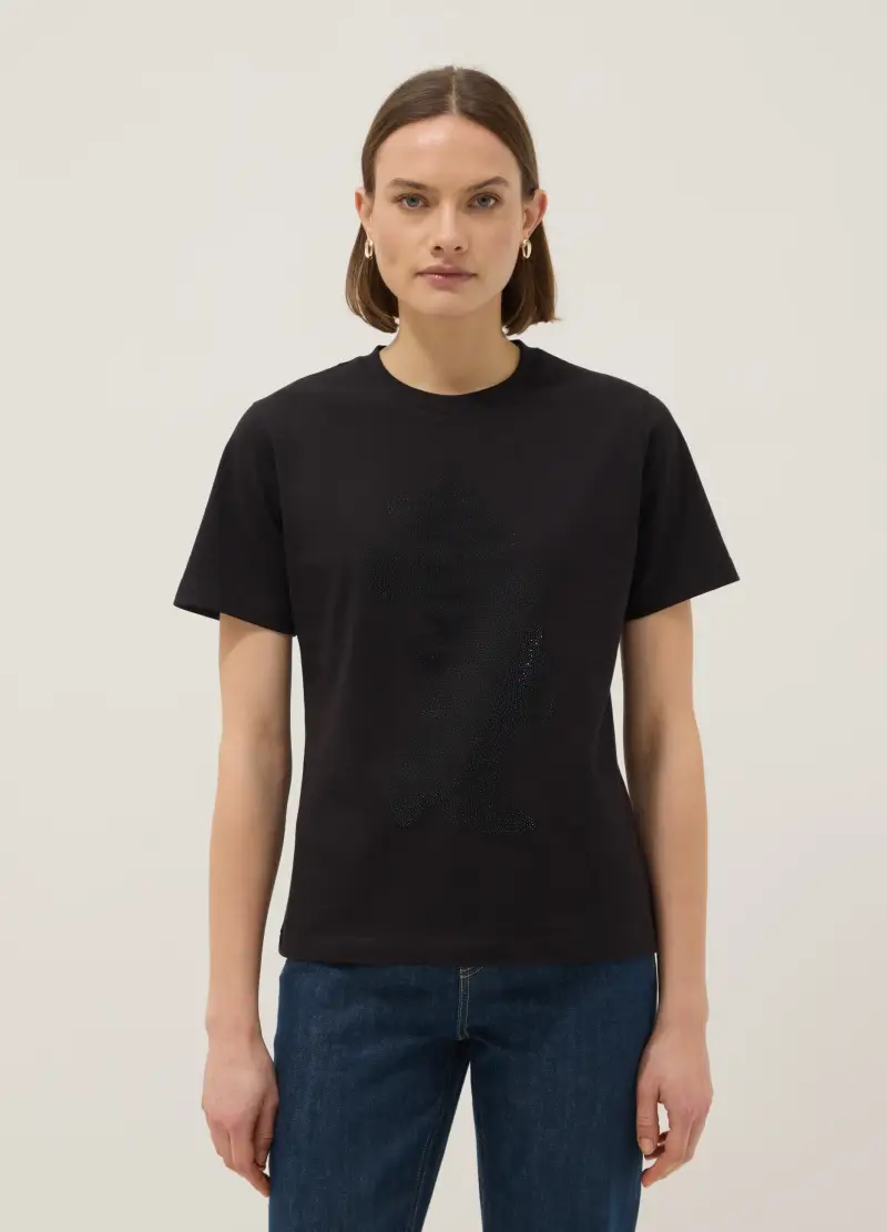 T-shirt In Puro Cotone Nero Regular Fit Con Topolino Brillantinato, Donna, Nero miniatura 2