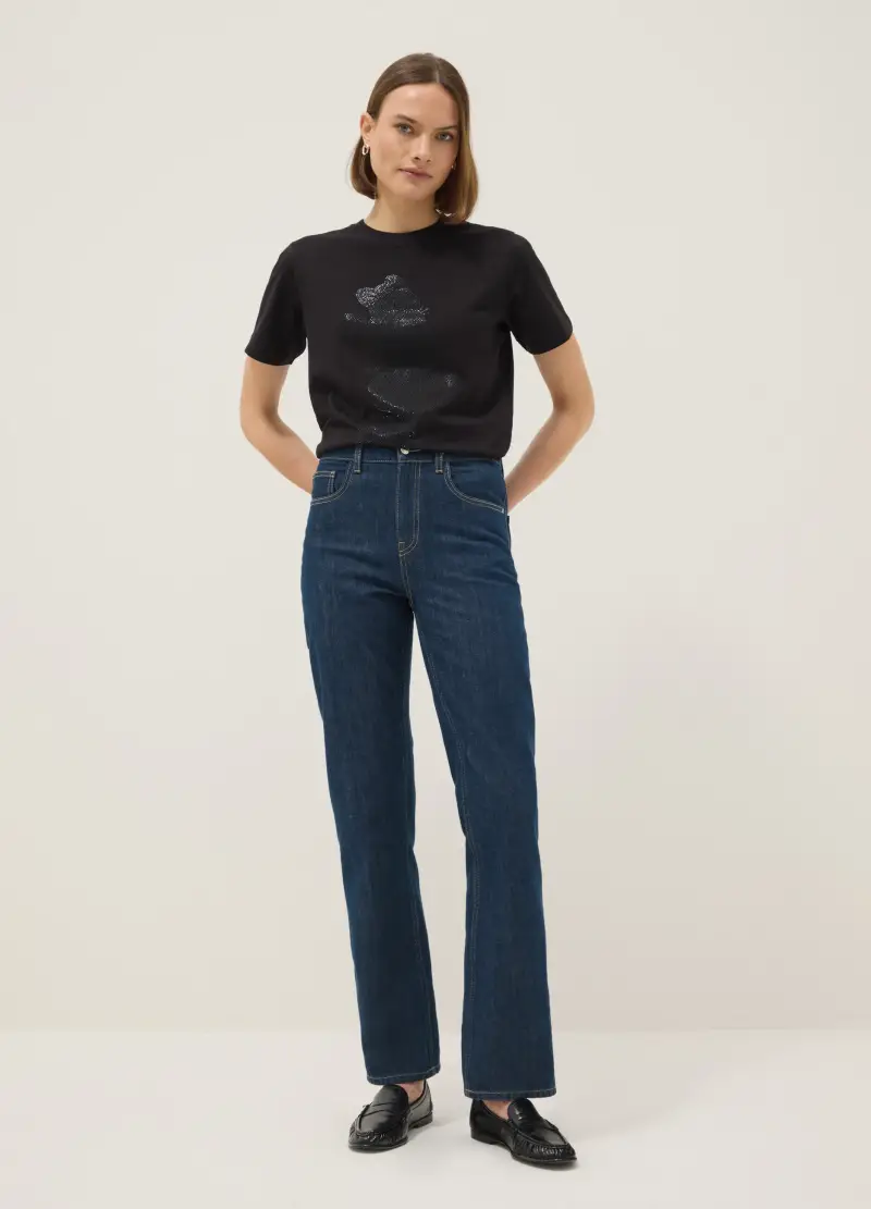 T-shirt In Puro Cotone Nero Regular Fit Con Topolino Brillantinato, Donna, Nero