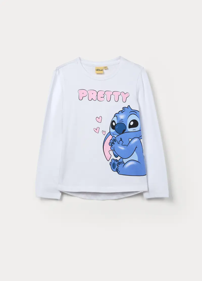 T-shirt Stitch In Jersey Di Cotone Stretch Bambina, Bianco gesso