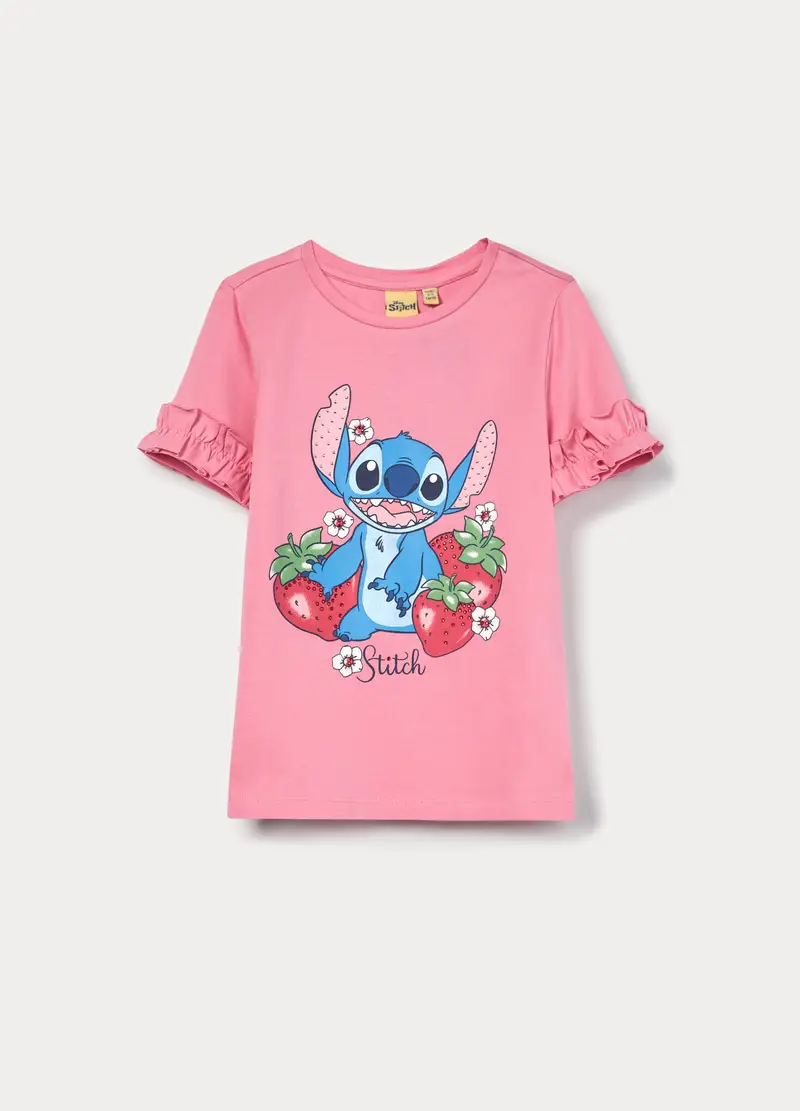 T-shirt Stitch In Jersey Di Cotone Stretch Bambina, Rosa scuro
