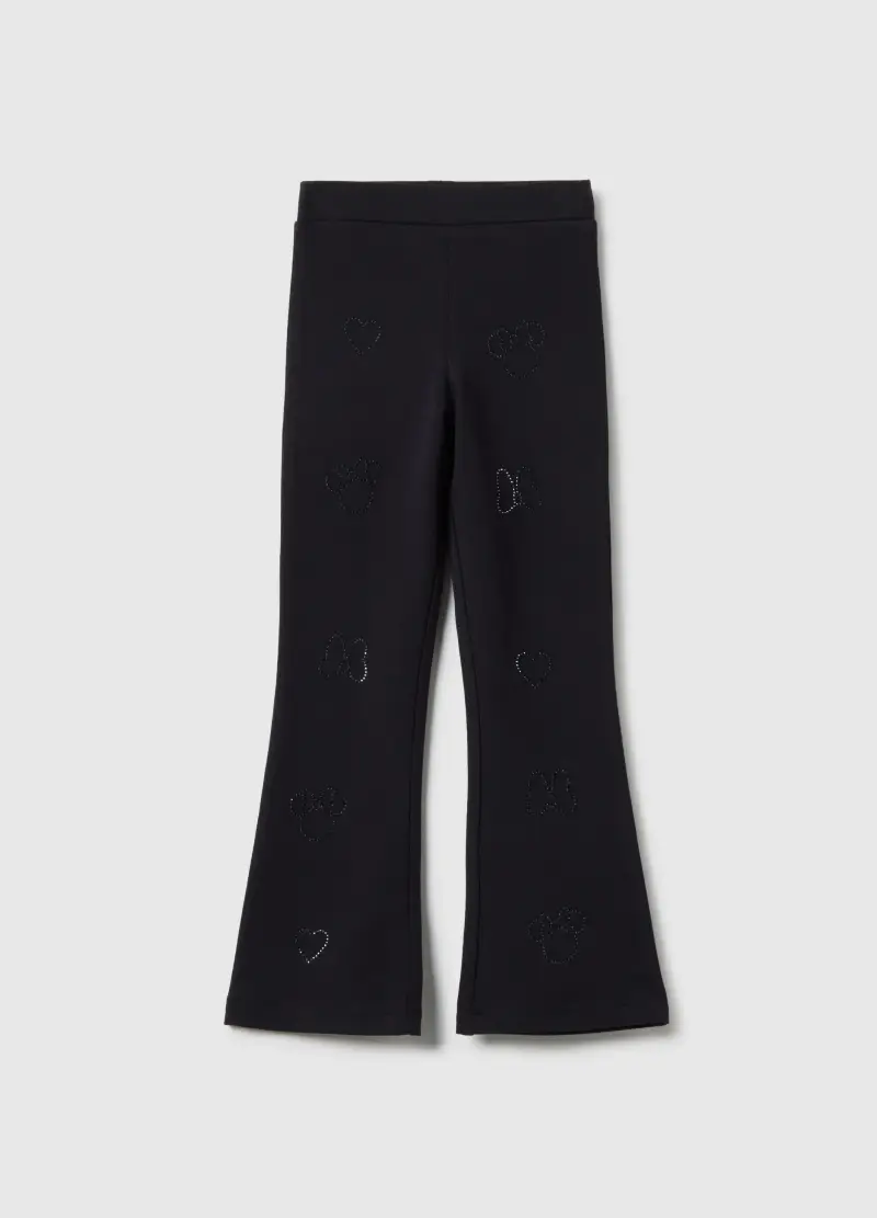 Treggings Neri Da Bambina In Cotone Elasticizzato Flare Fit Con Strass, Nero