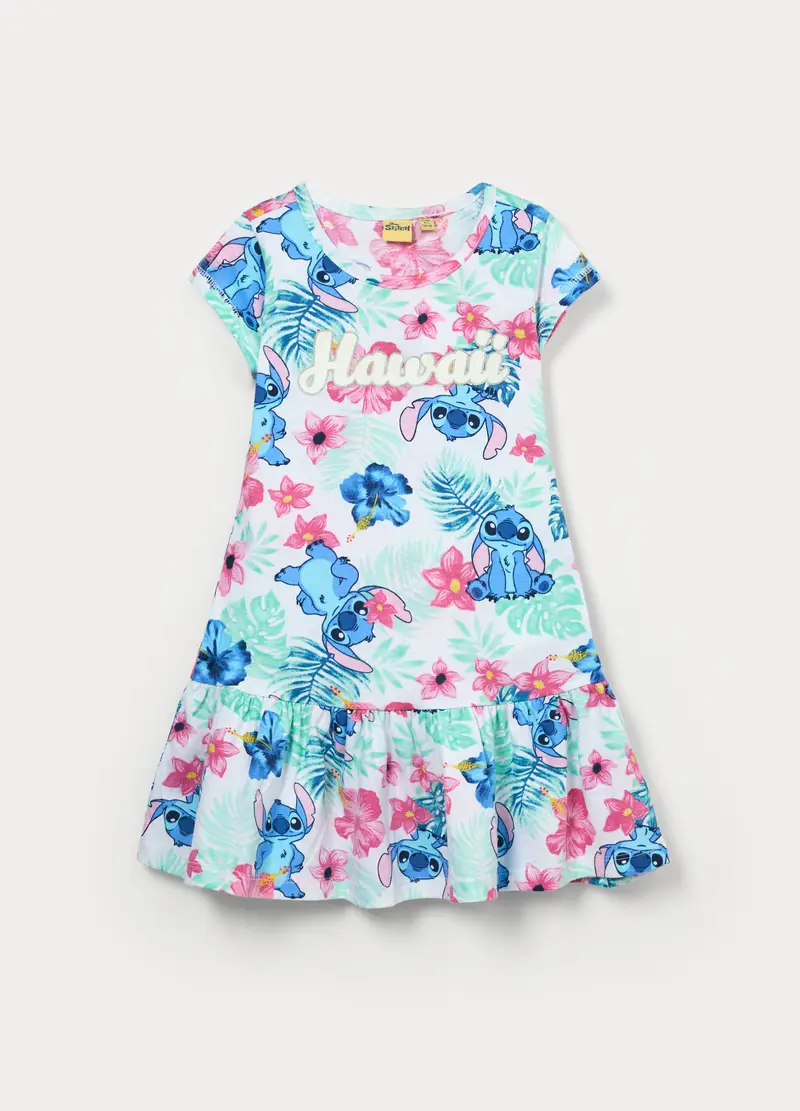 Vestito Stitch In Jersey Di Puro Cotone Bambina, Bianco