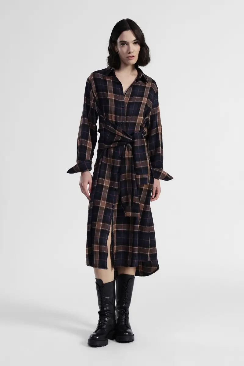 Abito a quadri midi con cintura e collo classico miniatura 3