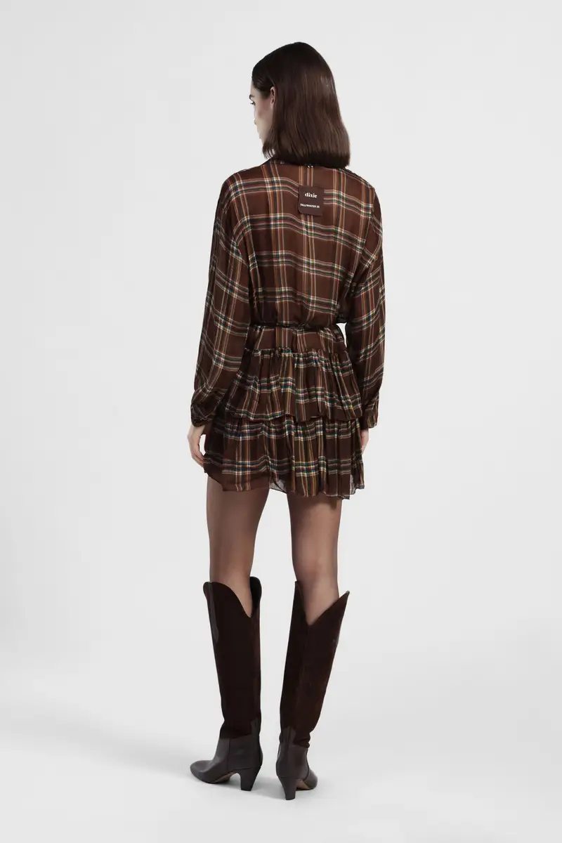 Abito corto a quadri con balze e maniche lunghe miniatura 3