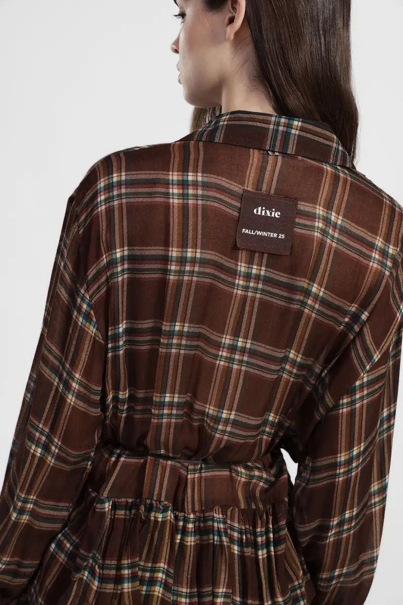 Abito corto a quadri con balze e maniche lunghe miniatura 4