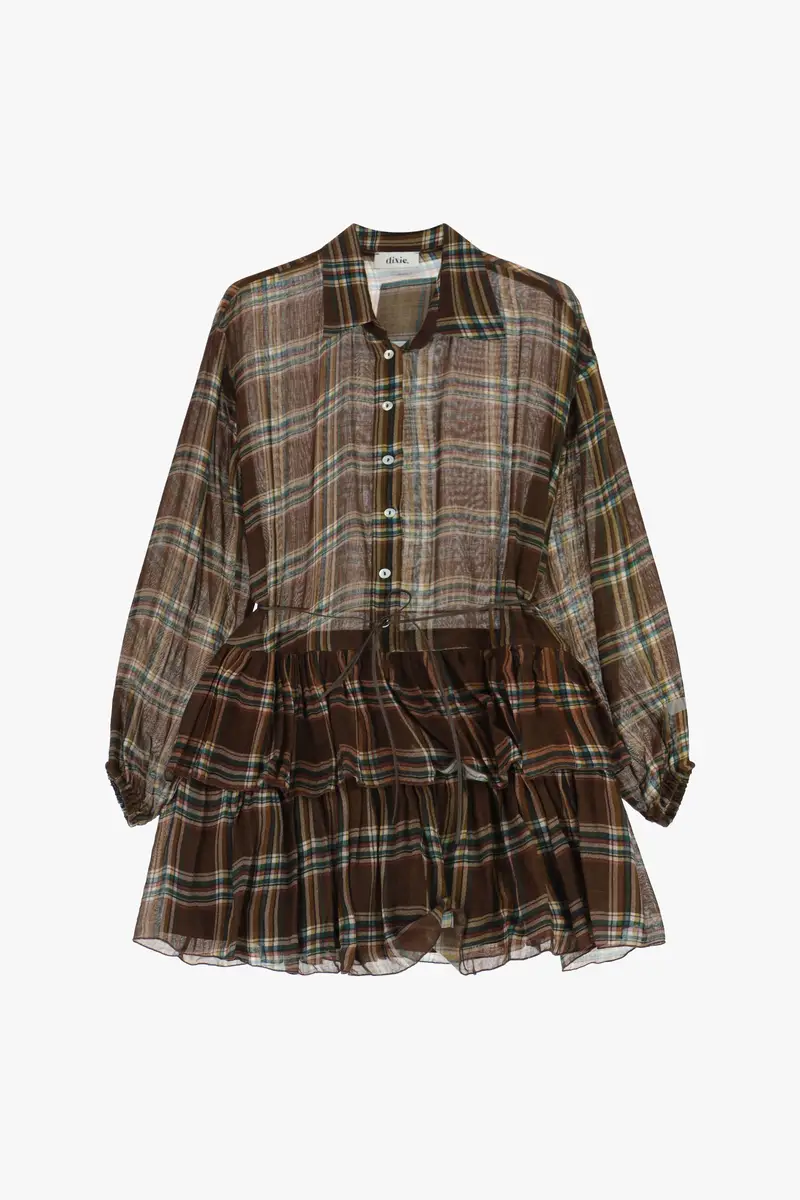 Abito corto a quadri con balze e maniche lunghe