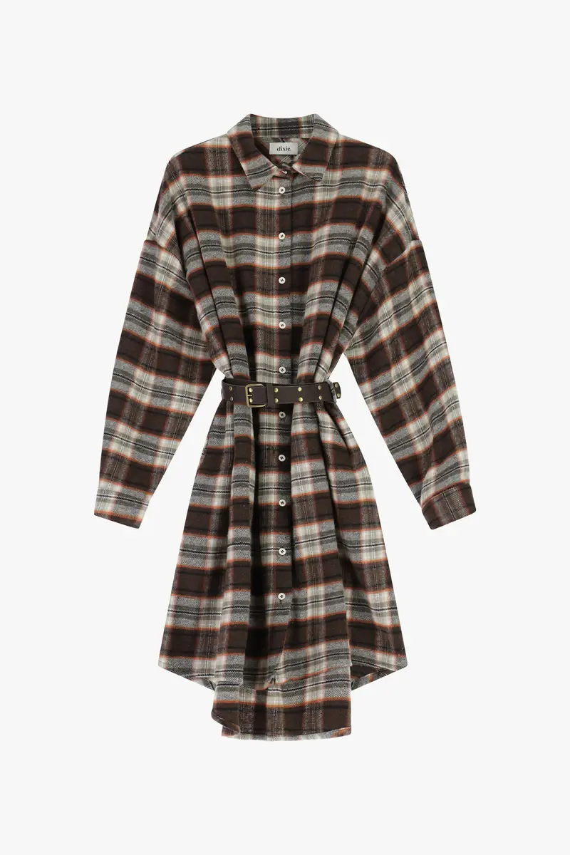Abito corto a quadri con cintura e bottoni