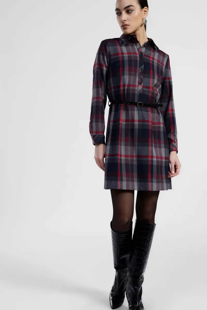 Abito corto a quadri con cintura e bottoni miniatura 2
