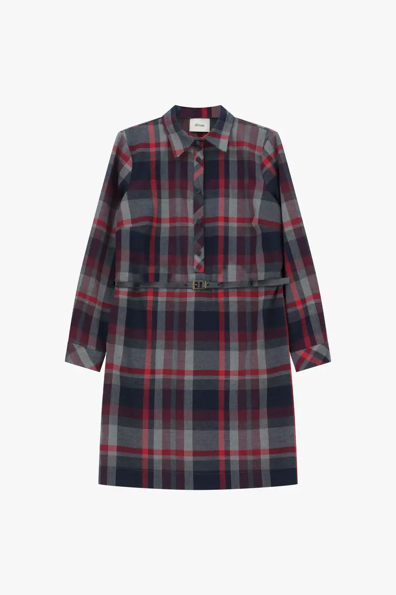 Abito corto a quadri con cintura e bottoni