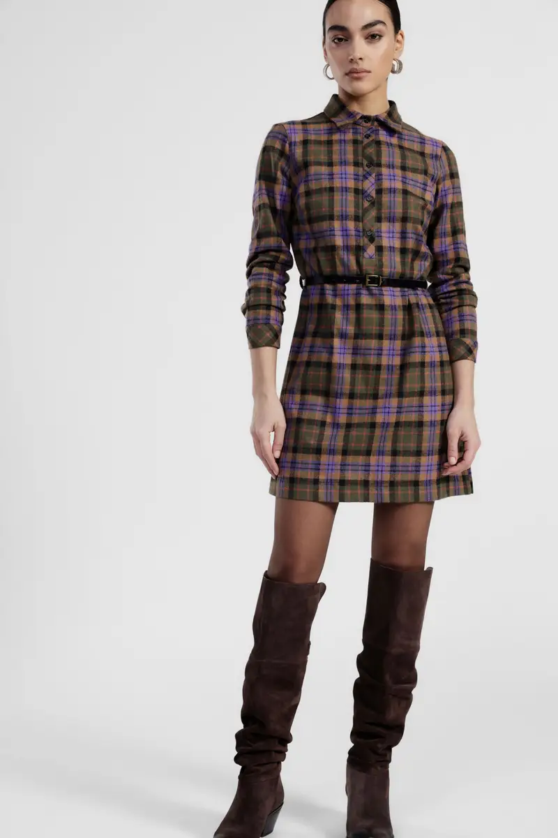 Abito corto a quadri con cintura e bottoni miniatura 2