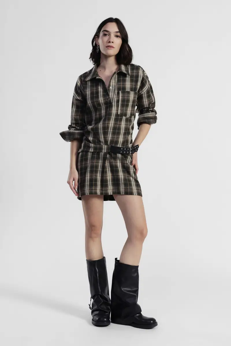 Abito corto a quadri con cintura e colletto classico miniatura 3