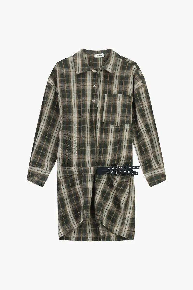 Abito corto a quadri con cintura e colletto classico