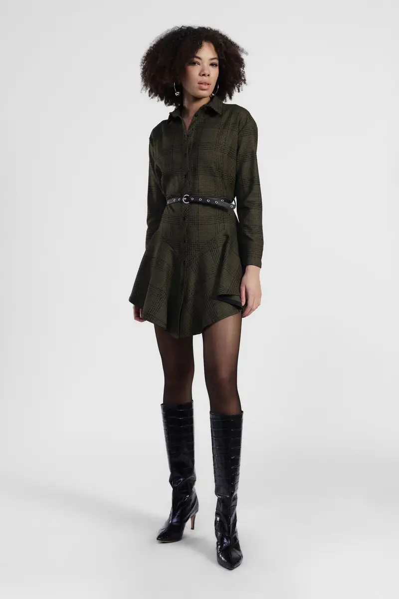 Abito corto a quadri con cintura e collo classico miniatura 2