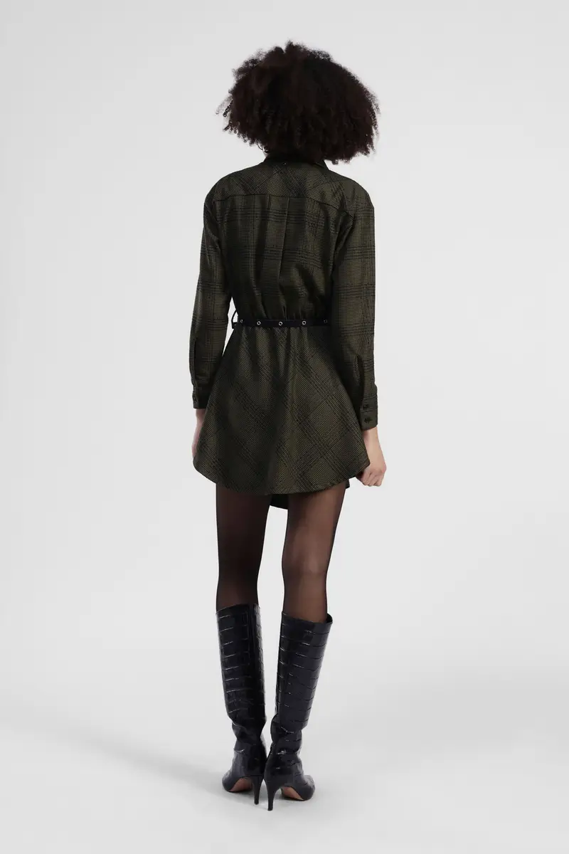 Abito corto a quadri con cintura e collo classico miniatura 3