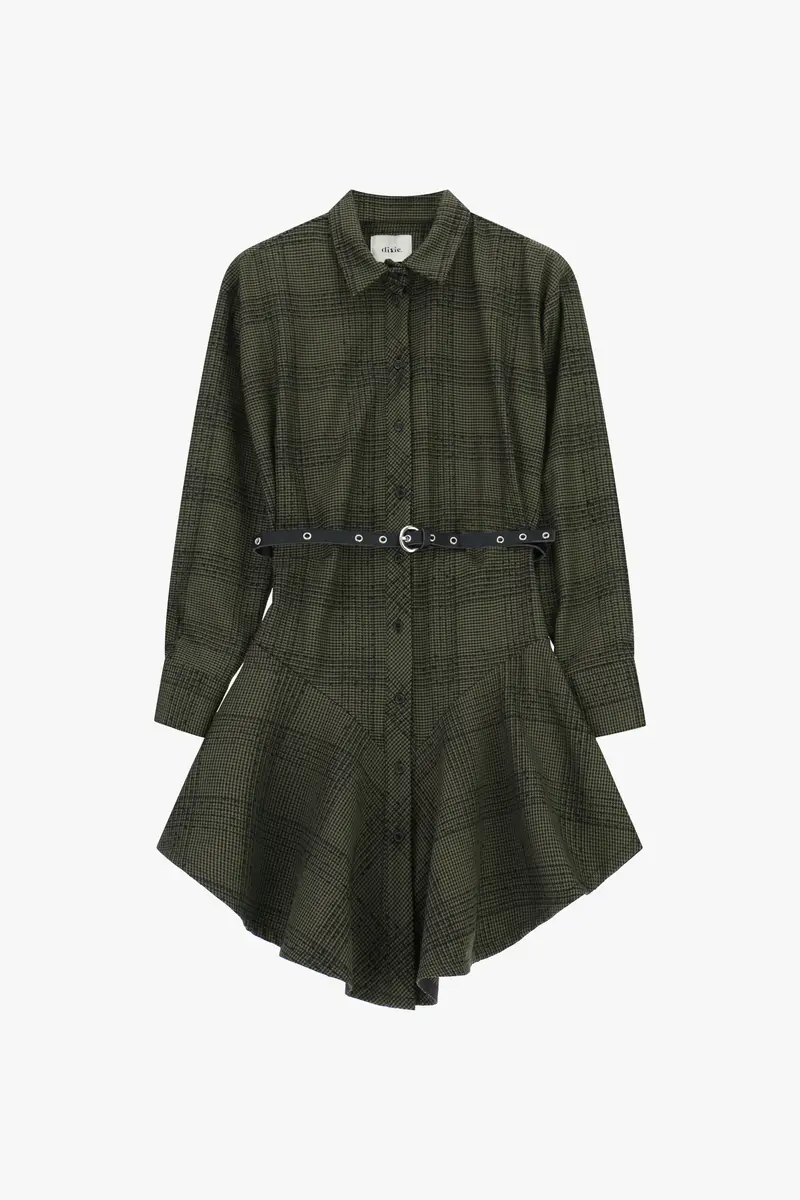 Abito corto a quadri con cintura e collo classico