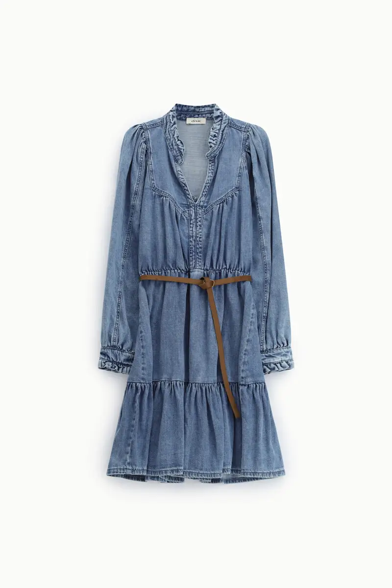 Abito corto bottoni volant cintura tessuto