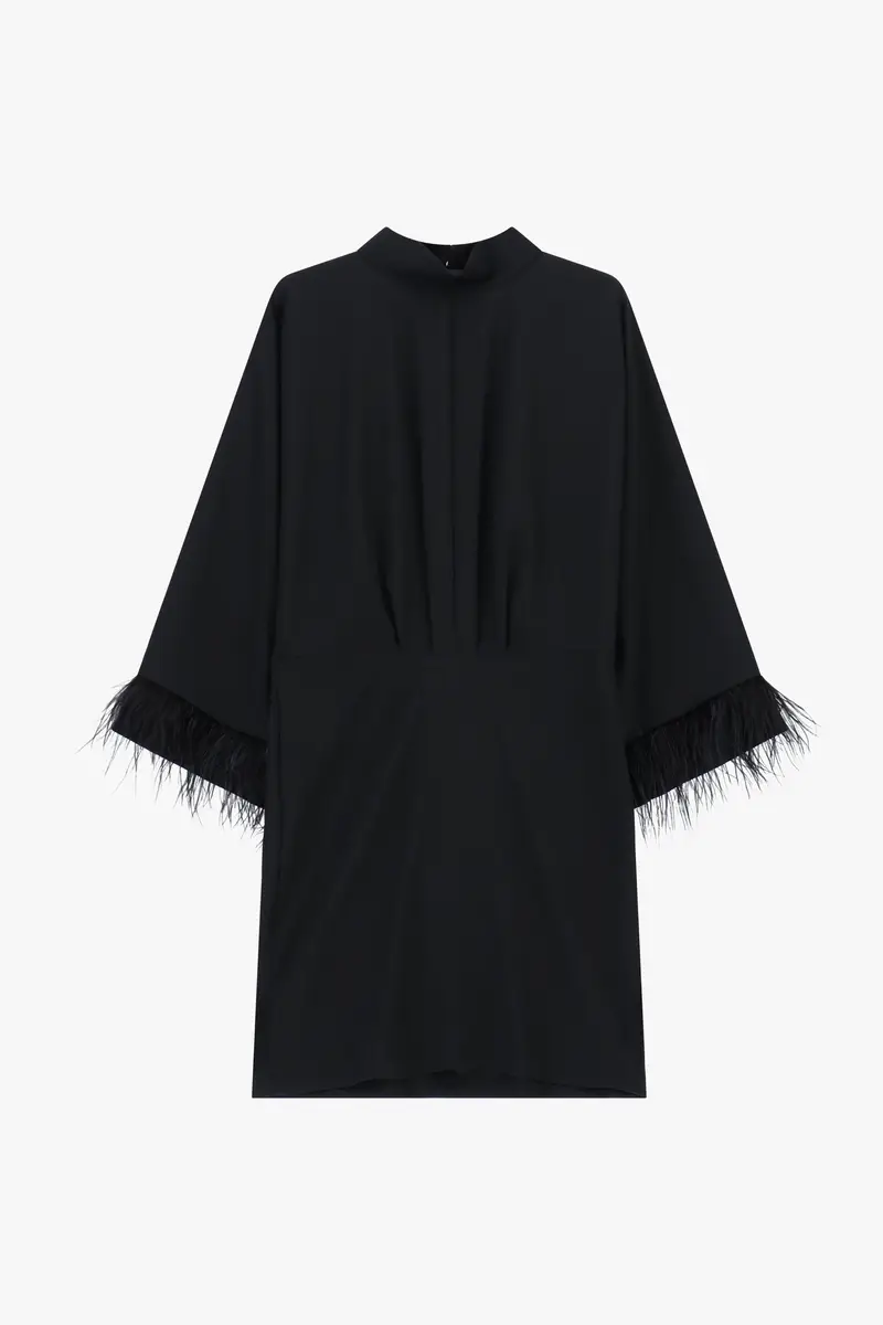 Abito corto con maniche lunghe e dettagli piumati