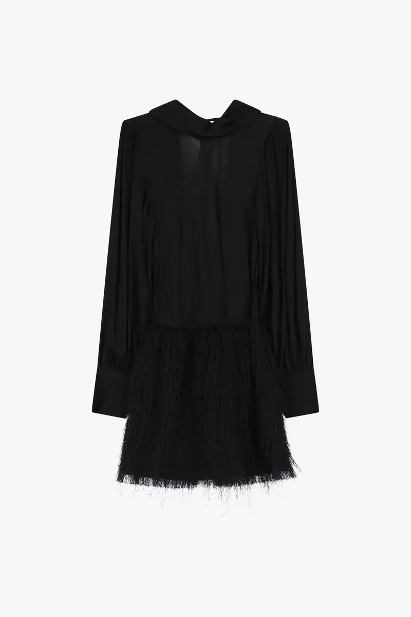 Abito corto con maniche lunghe e gonna effetto frange