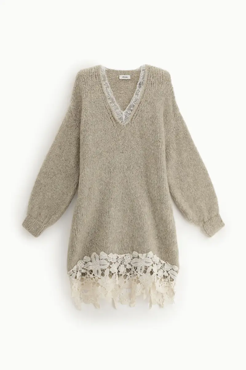 Abito corto con pizzo e maniche lunghe