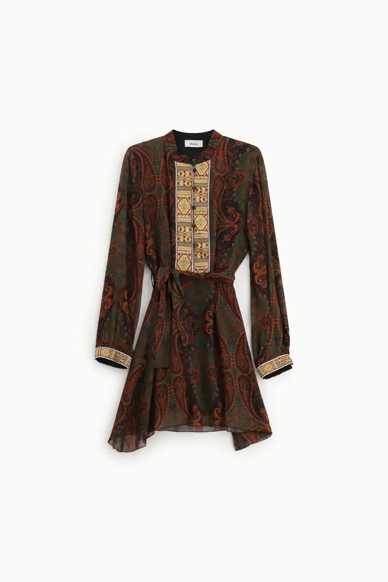 Abito corto fantasia paisley con cintura e dettagli ricamati