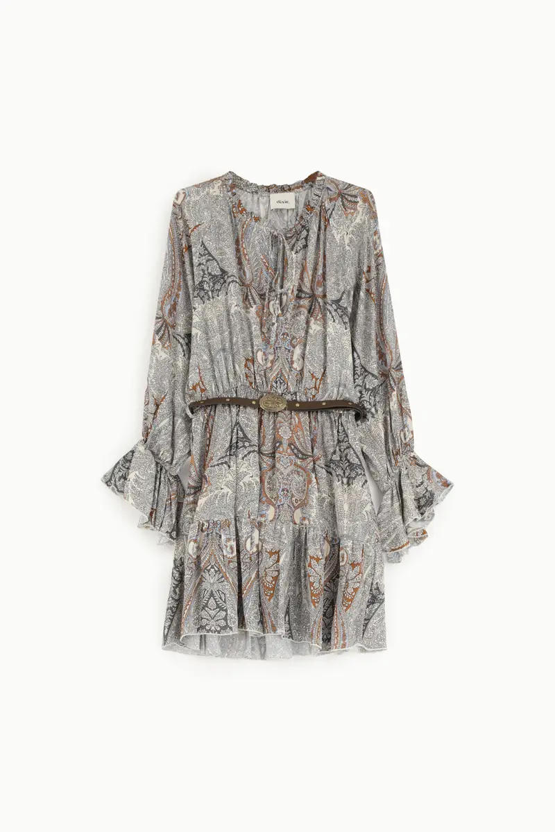 Abito corto fantasia paisley maniche lunghe volant