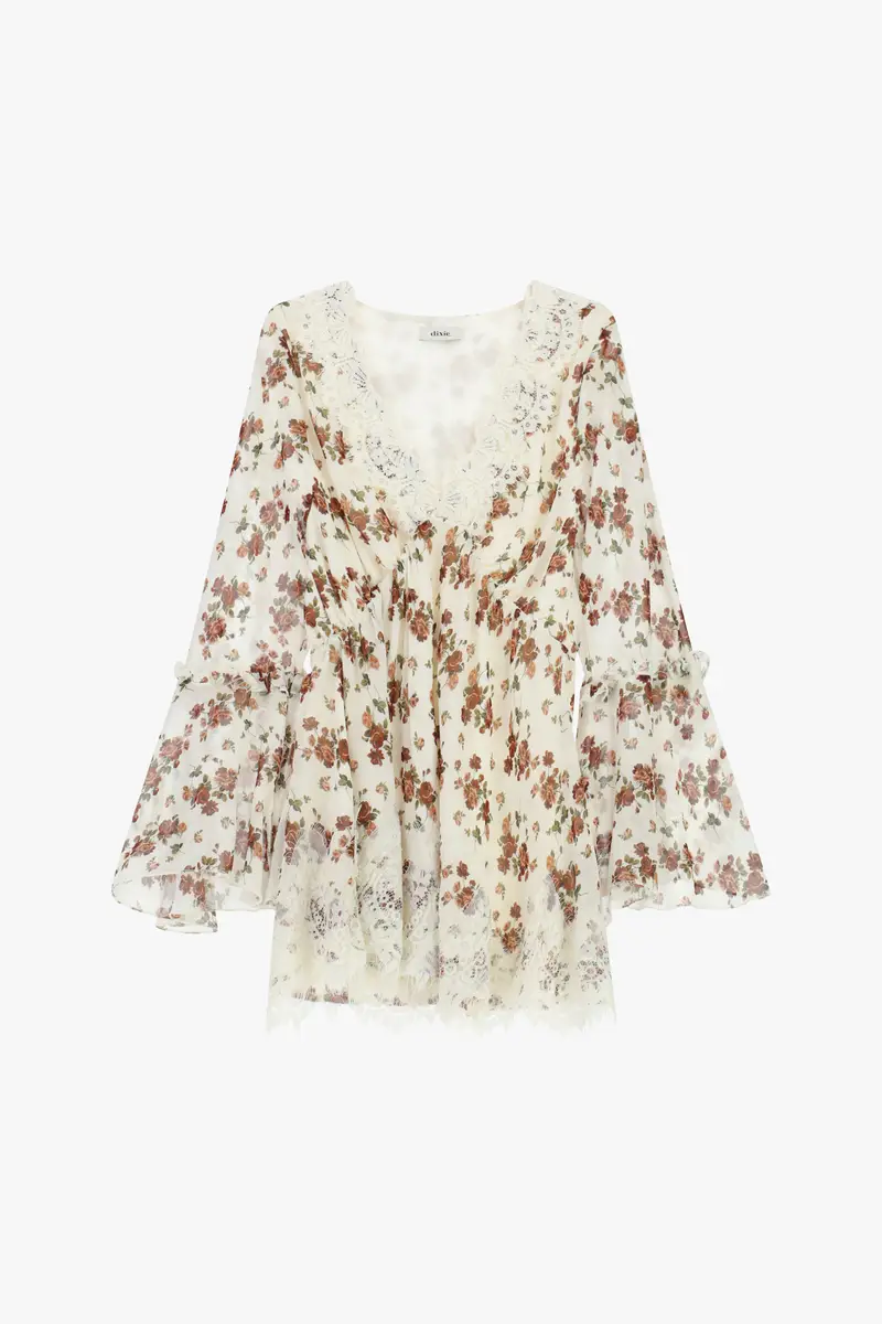 Abito corto floreale con maniche svasate e pizzo