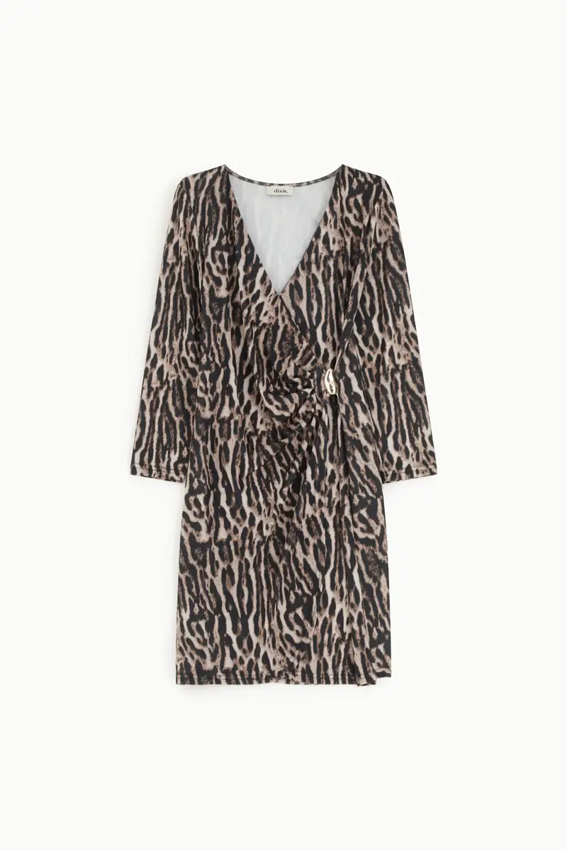 Abito corto incrociato stampa animalier con drappeggio