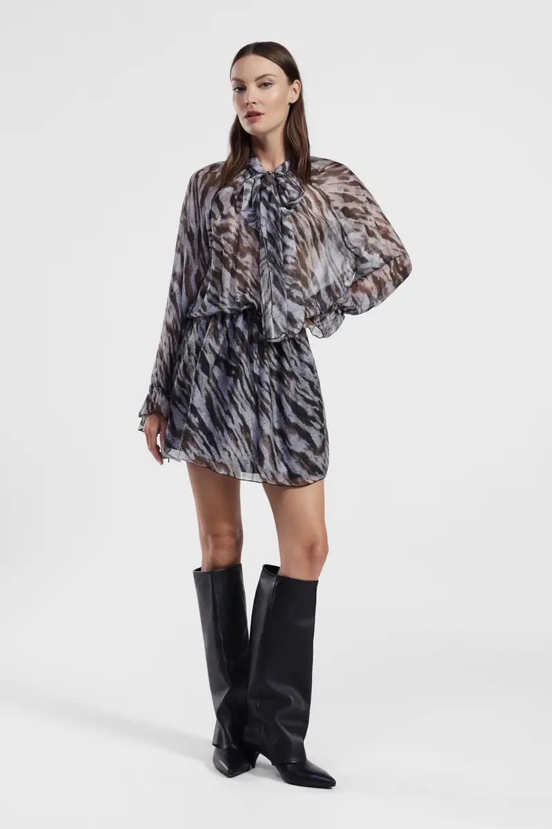 Abito corto stampa animalier con maniche lunghe miniatura 2