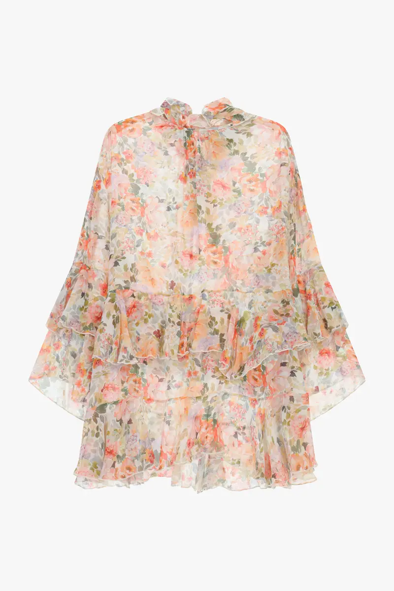 Abito corto stampa floreale maniche lunghe volant