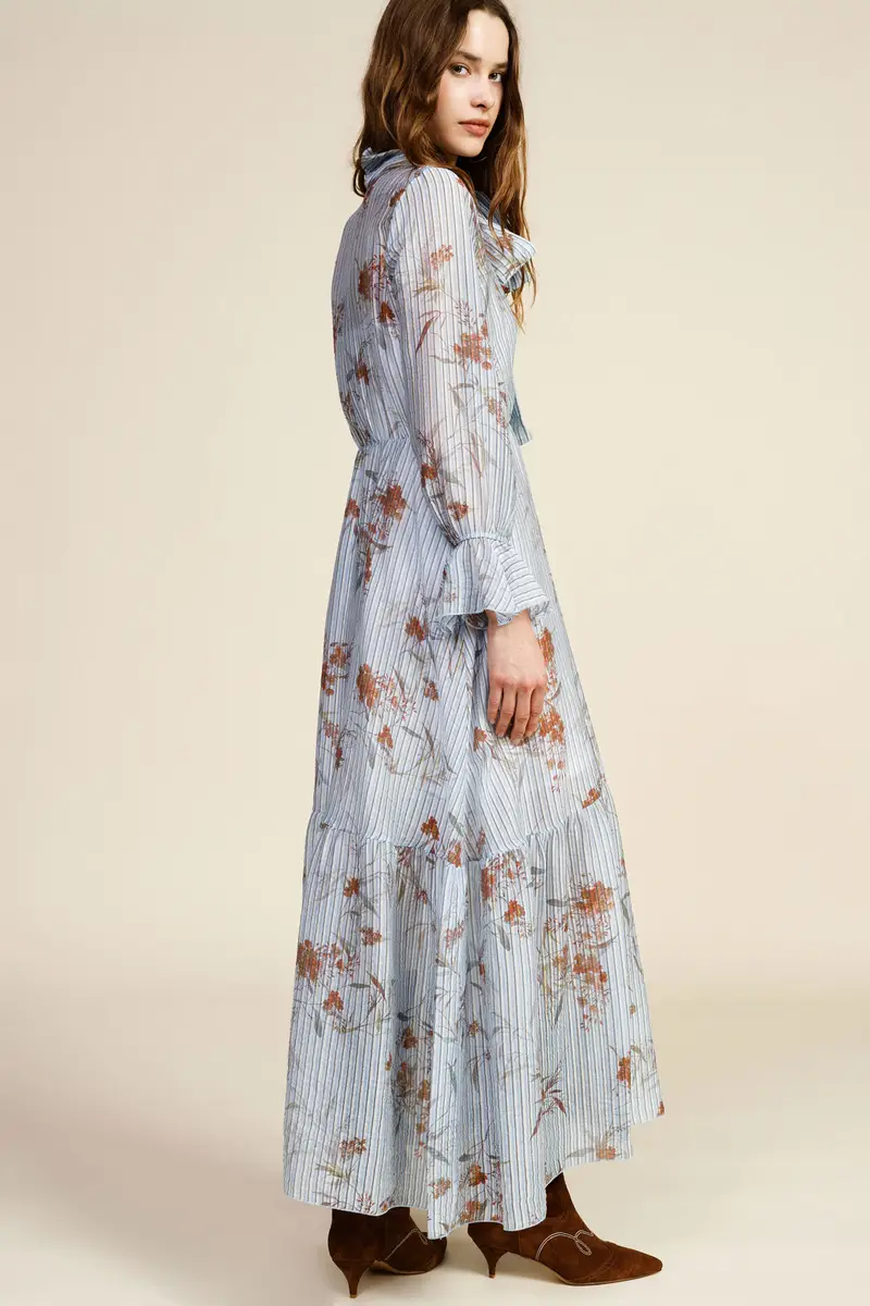 Abito lungo a fiori con fiocco e maniche arricciate miniatura 3