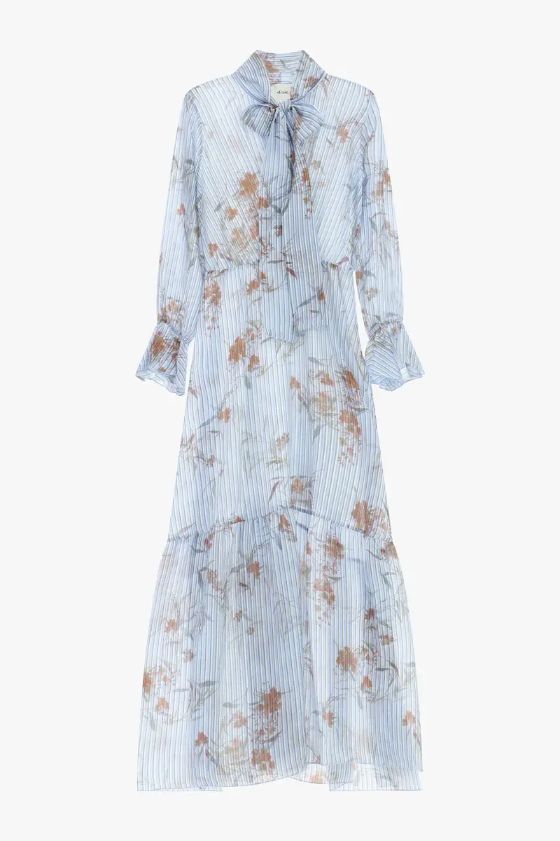 Abito lungo a fiori con fiocco e maniche arricciate