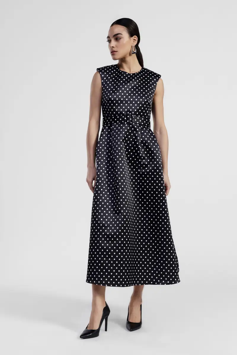 Abito lungo a pois con cintura e zip posteriore miniatura 2