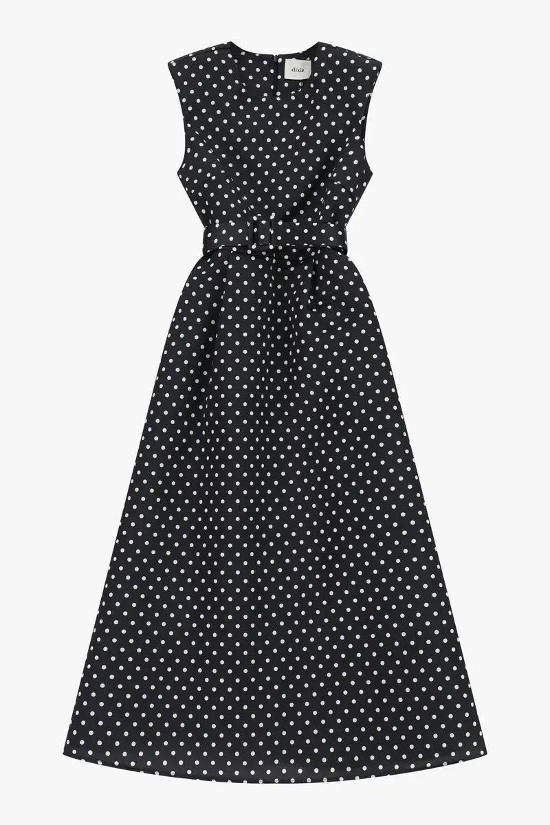 Abito lungo a pois con cintura e zip posteriore