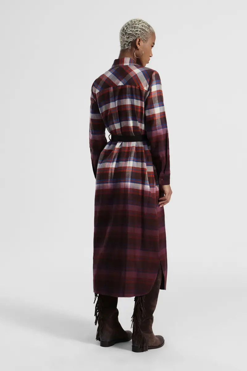Abito lungo a quadri con cintura e colletto classico miniatura 3
