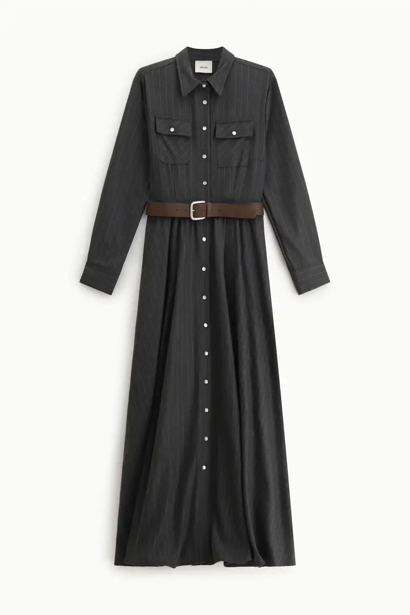 Abito lungo a righe con cintura e tasche