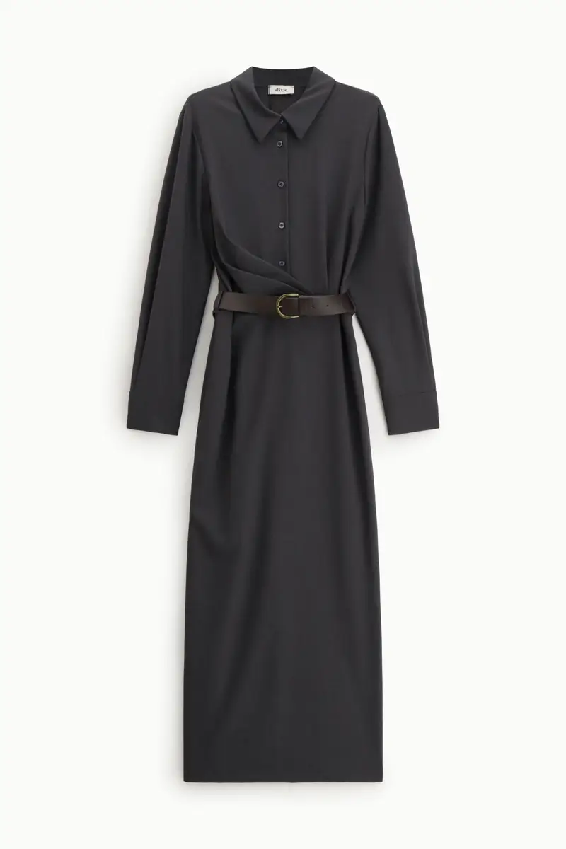 Abito lungo con cintura e colletto classico